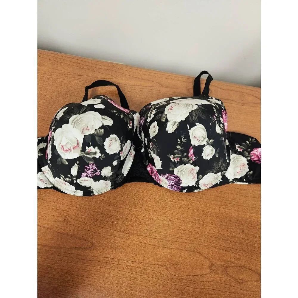 Torrid Curve 50D Floral Black and Pink Underwire Lace Padded Push Up Bra